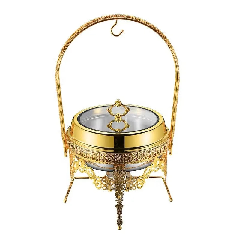 9L Gold Hanging Hinged Lid Shafing Dish Luxury Hot Pot Butterfly Stainless Steel Catering Food Warmer Gas Buffet Set