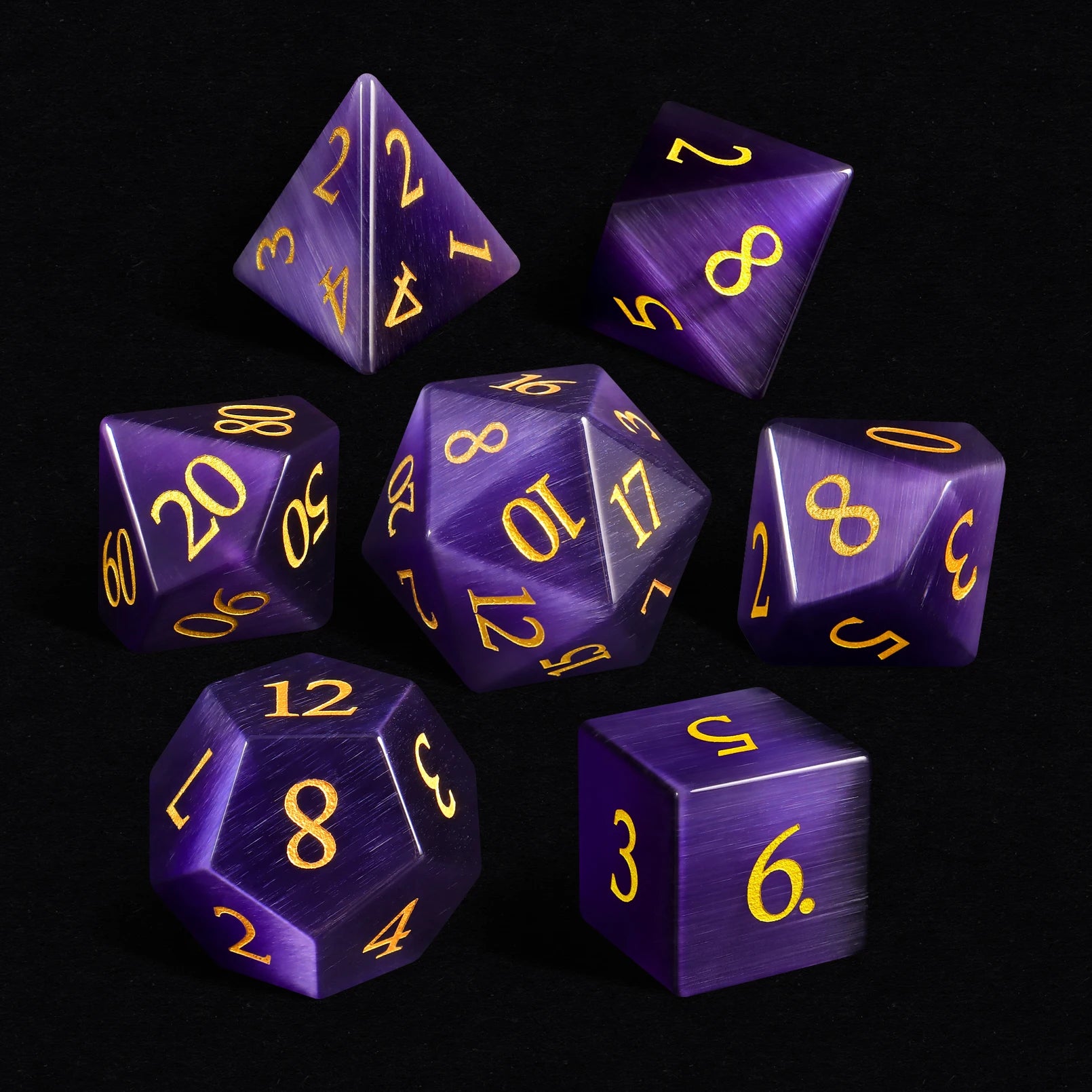 Factory Wholesale Dnd Dice Dark Purple Cat Eye Gemstone Dice Set Custom Font and logo  for Dungeons and Dragons RPG