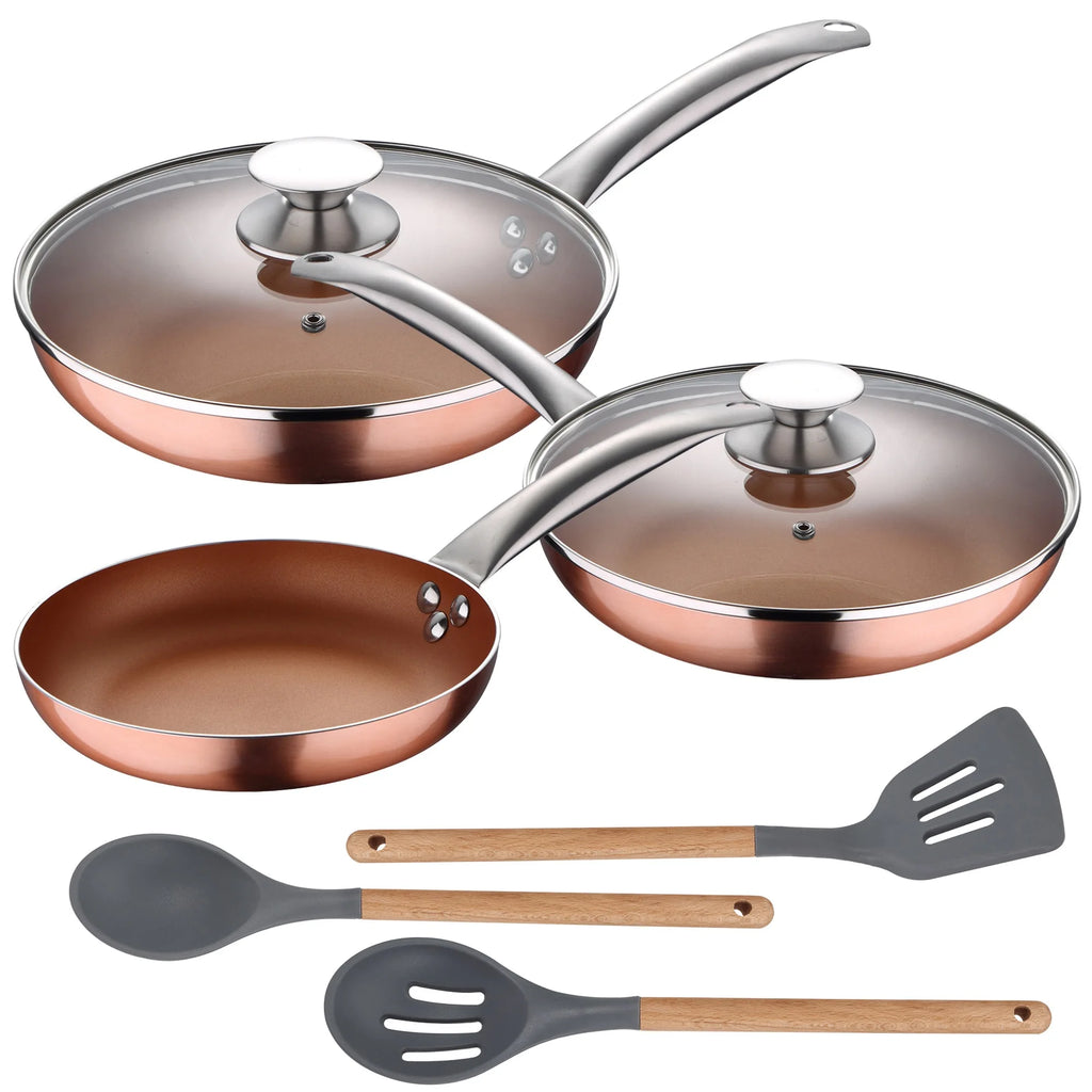 5pc set of frying pans (with lids) pressed aluminum induction compatible with 3pc set of kitchen utensils silicone wood
