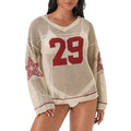 Mesh Knit Varsity Jersey Top with Red 29 Print and Star Patch Sleeves Loose Sheer Pullover Sweater for Streetwear Fashion