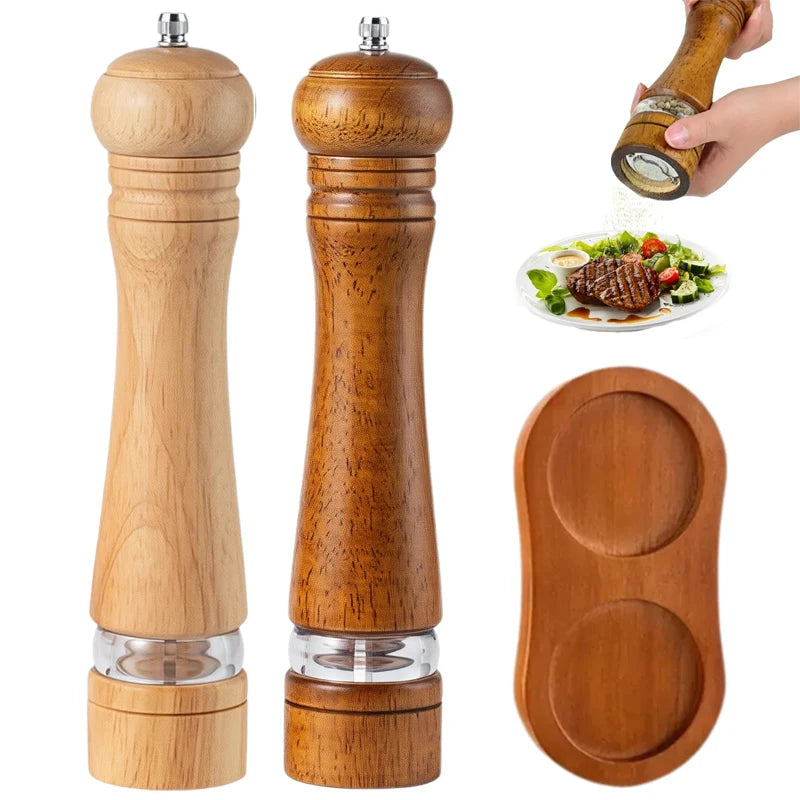 Manual Spice Mills Shakers with Adjustable Large 10 Inch Refillable Pepper Grinder with Tray Wooden Salt and Pepper Grinder Set