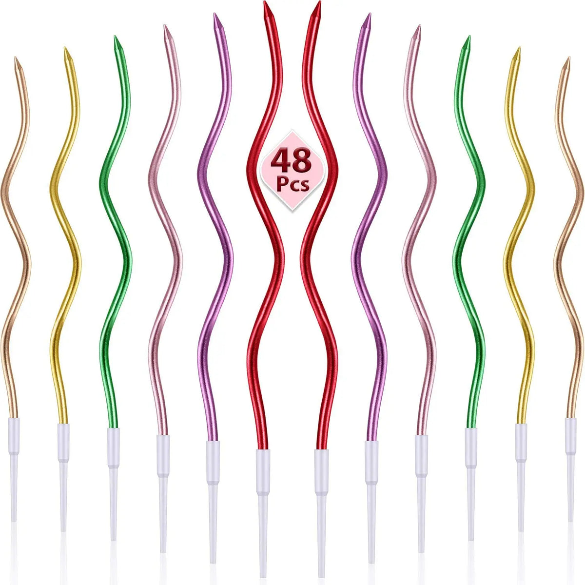 48 Pieces Twisty Spiral Metallic Colorful Long Thin Curly Coil Cake Cupcake Birthday Candles with Holders MegaBDM