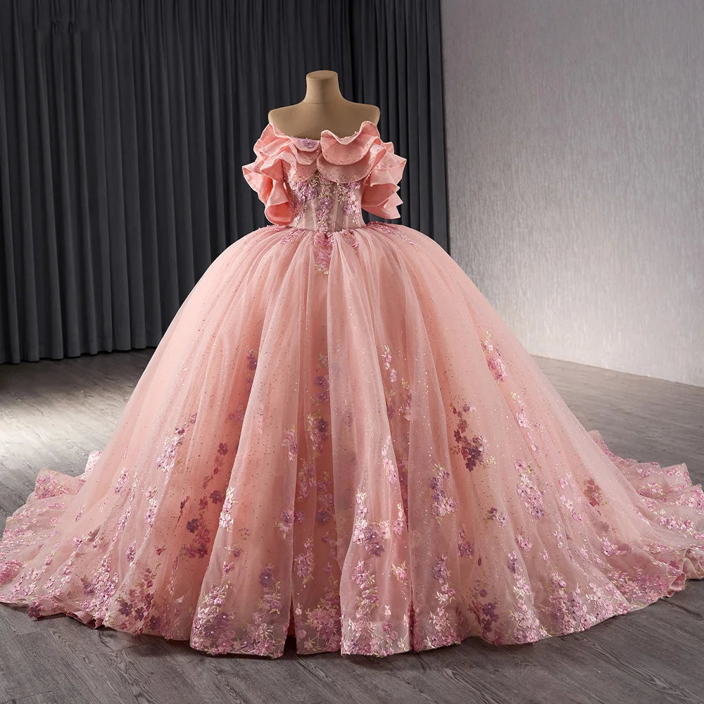 Jancember 241091 Beautiful Appliqued Flower Long Tail Quinceanera Dresses for Sweet 16 Girls