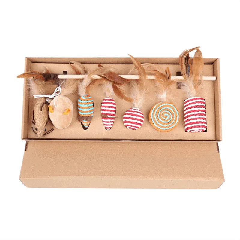 Cat Kitty All-natural Assortments Teaser Wand Interactive Gift Set-7 Piece Feather Toy Collection