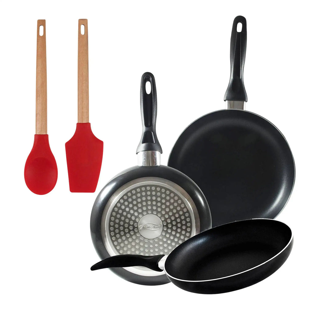 Set of 3 San Ignacio frying pans (16 20 24cm) pressed aluminum suitable for induction + Set of 2 silicone kitchen utensils