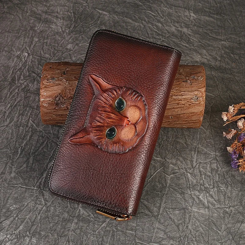 Lady Genuine Leather Cat Embossed Wallet Premium Customized Cowhide Purse