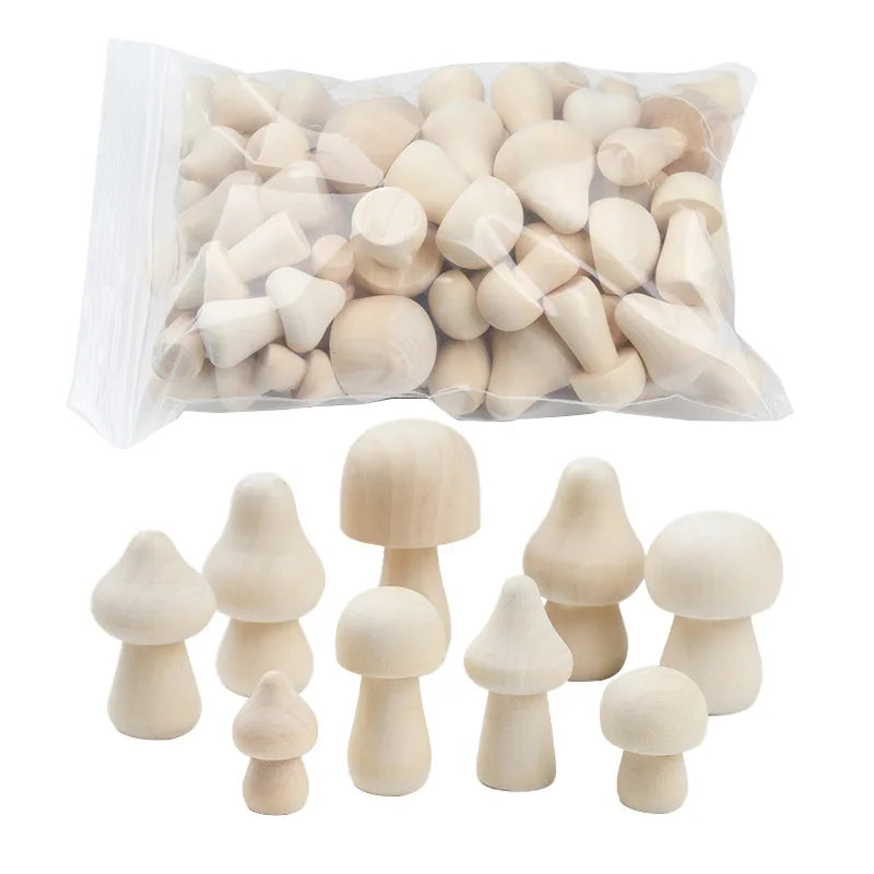 50-Piece Unpainted DIY Craft Kit for Kids to Design and Customize Their Own Wooden Mushroom Figures