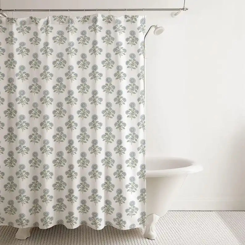 French Country Floral Block Print Bathroom Shower Curtain Fancy Waterproof Shower Curtain