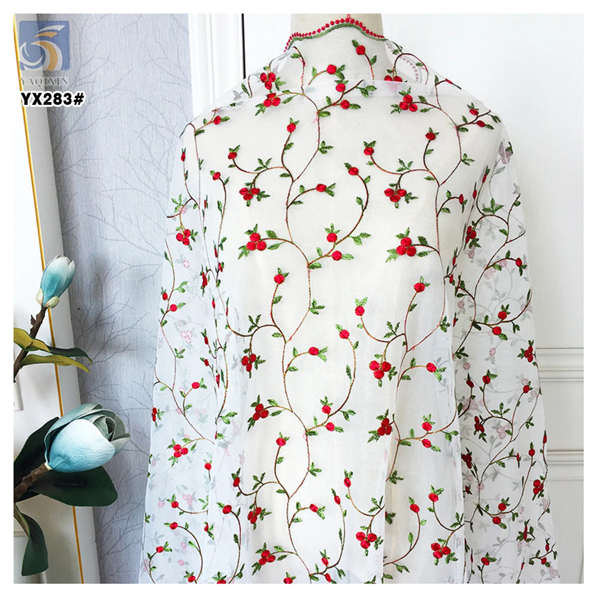 YX283 New Arrivals 2025 Design Polyester Swiss Voile Tulle Lace Red Floral Embroidery 3D Fabric for Dress MegaBDM