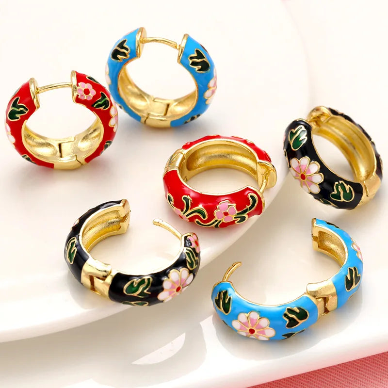 HOT Selling New Vintage Style Enamel Earrings Ethnic Style Personalized Trend Flower Enamel Earrings Fashion Jewelry