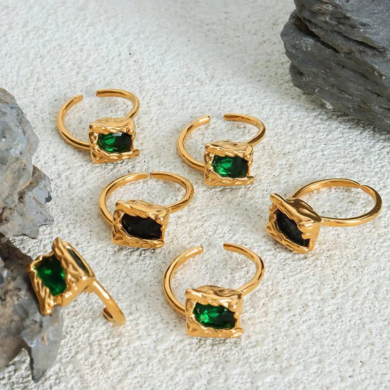 High Quality Stainless Steel Jewelry Finger Gold Plated Glass Stone Openiing Ring Jewelry