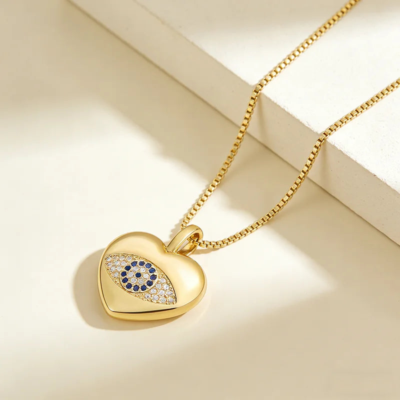 QIKU Heart Shape Charm Eye Pattern Gold Color Pendant Women Necklace Copper Zircon Jewelry Accessory Gift Wholesale Dropshipping