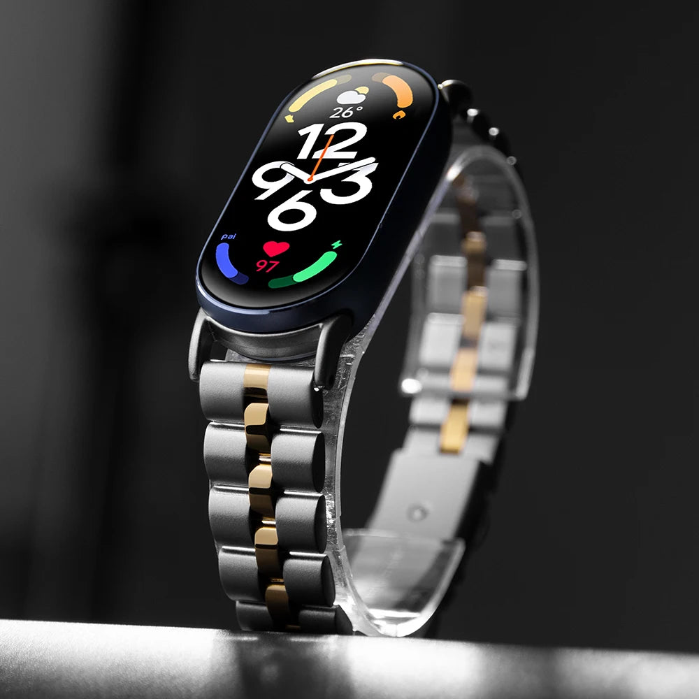 No Gaps Luxury Stainless Steel Watch Band for Xiaomi Mi Band 10/9/8 Metal Watch Straps for Mi Band 9 8nfc 3Beads Bracelet