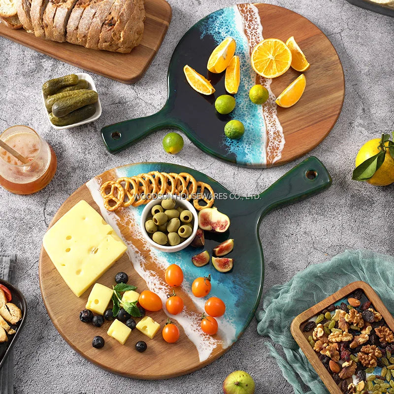 Woodsun Acacia Wood Resin Sea Wave Breakfast Tray Wooden Plates for Restaurants