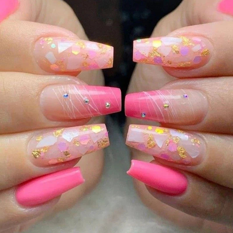 Wholesale 24Pcs ABS Fake Nails Glitter Rhinestones Long Ballerina Finger Nails Press on With Nail Glue