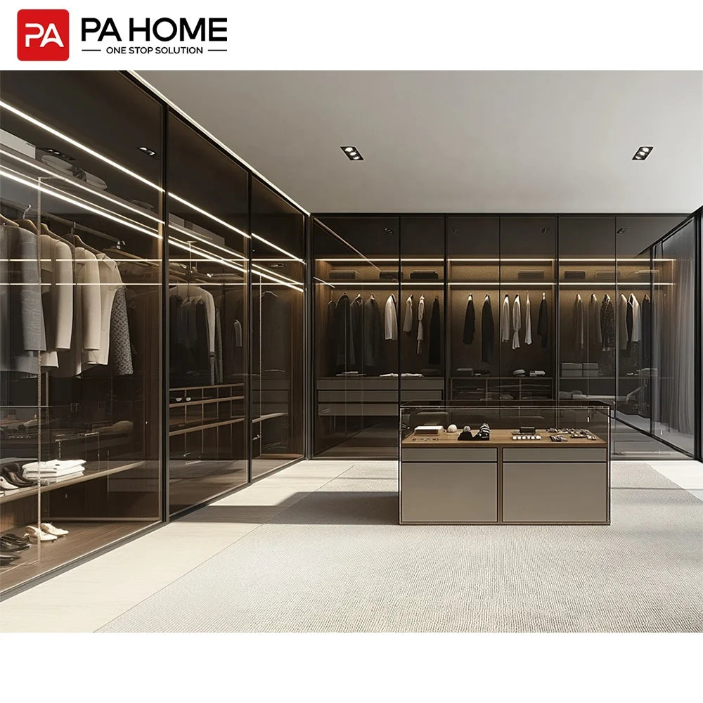 PA Custom Modern Design Clothes Glass Door Bedroom Furniture Walk in Closet Wardrobes With Island
