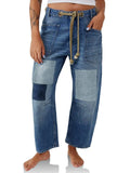 Women's European & American Cross-Border Color-Block Loose Straight-Leg Drawstring Denim Pants