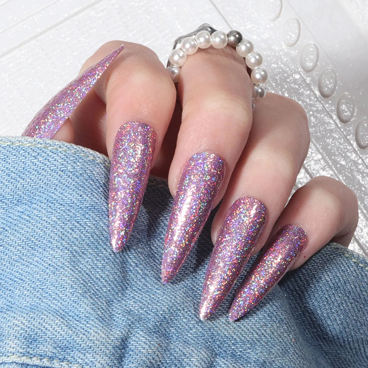 Temooi 24Pcs ABS Short False Nails Laser Glitter Long Stiletto Press on French Style Nail Tip for Girls Custom Logo Wholesale