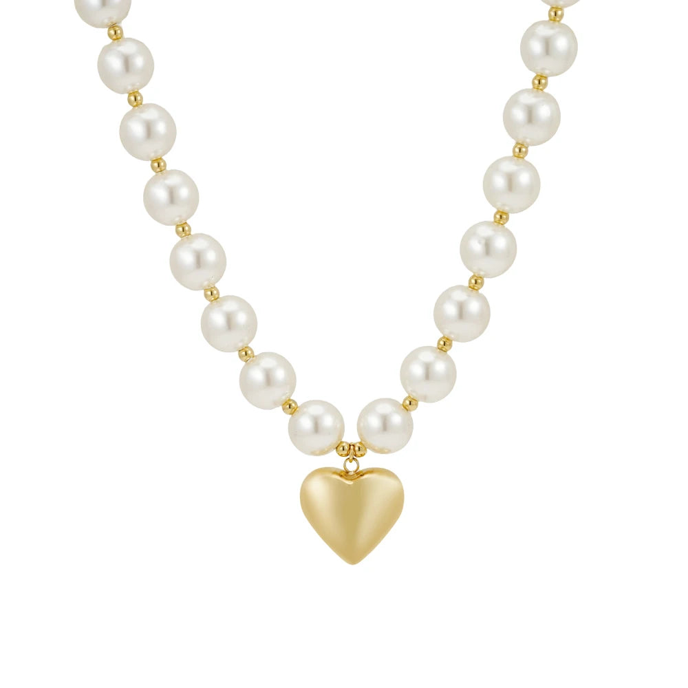 Fashion 18K Gold Plated Stainless Steel Jewelry Hollow Heart Pendant Pearl Chain Necklace Waterproof for Woman Necklace P253548