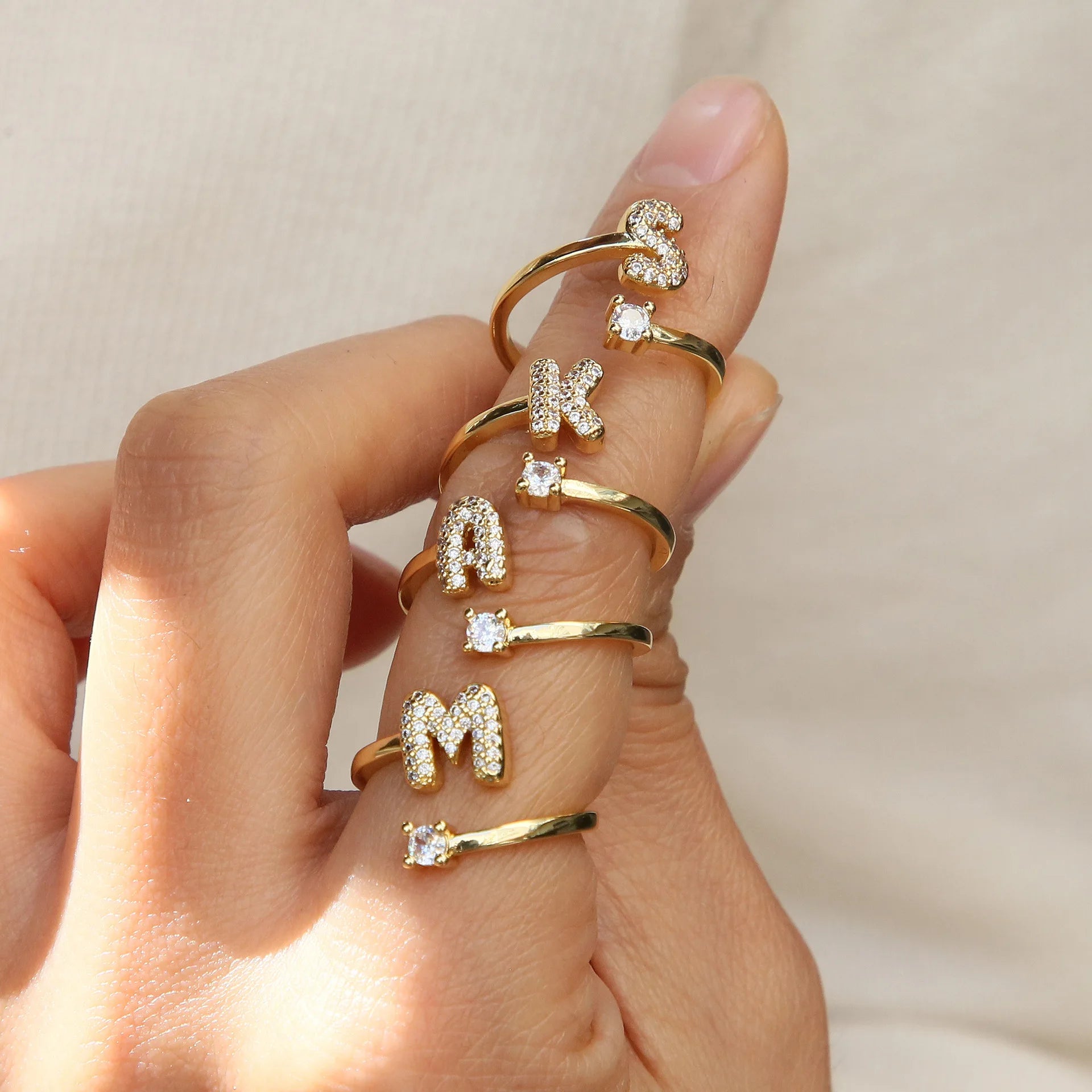 Gold Plated Fashion Adjustable Initial Zirconia Ring Cute Bubble Letter Ring for Women