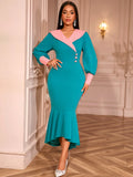 AM050931 2026 Long Lantern Sleeve Green Evening Dresses AOMEI Bodycon Mermaid Gown