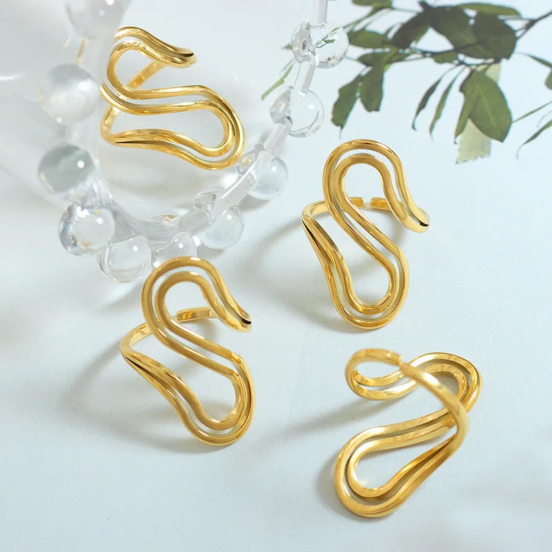 Exaggerate Design Women 18k Gold Plated Open Geometric Finger Ring Stainless Steel  Non Tarnish S Shape Ring Jewelry