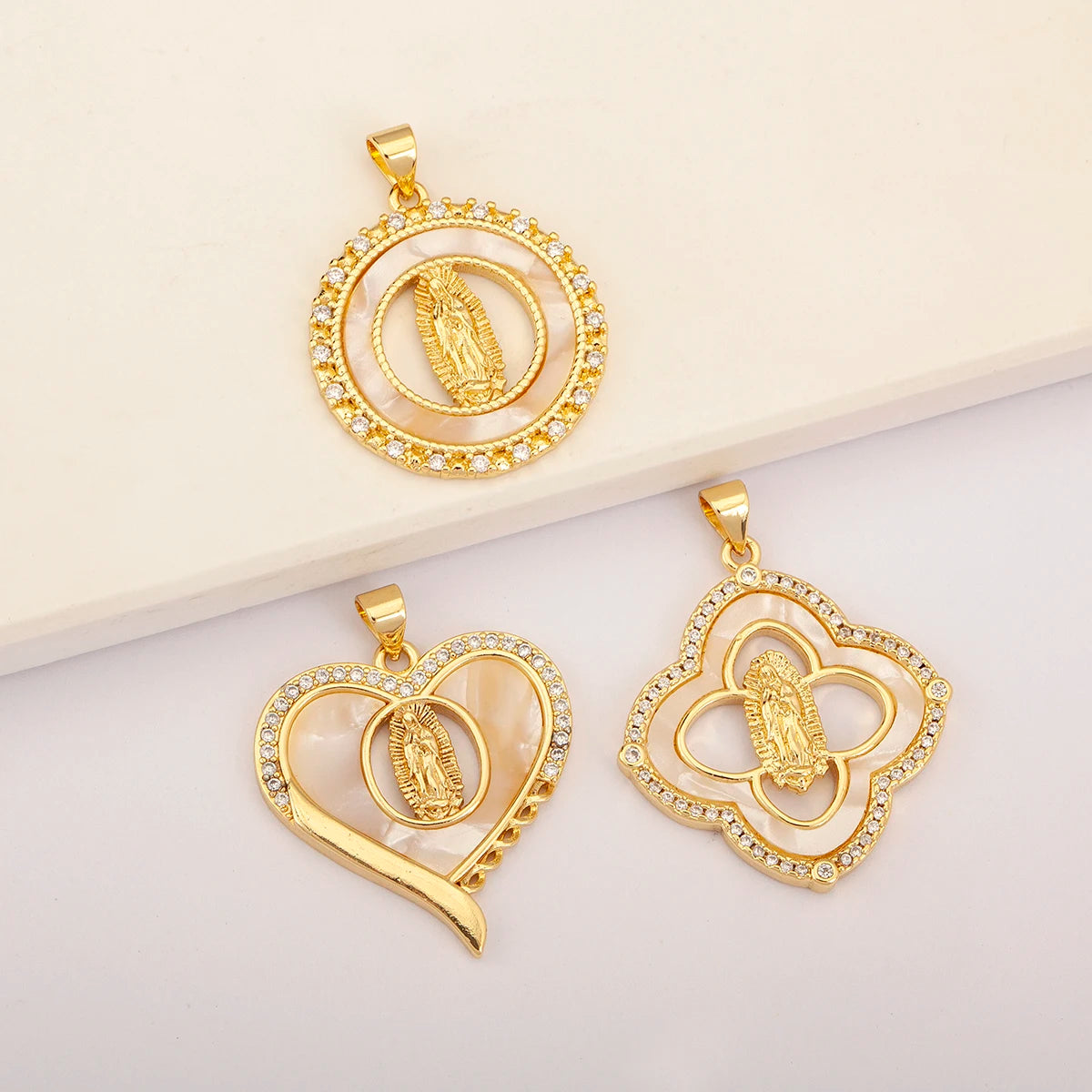 QIKU Our Lady of Guadalupe Pendant 3 Styles 18K Gold Plated CZ Stones Catholic Religious Jewelry for Necklace Making