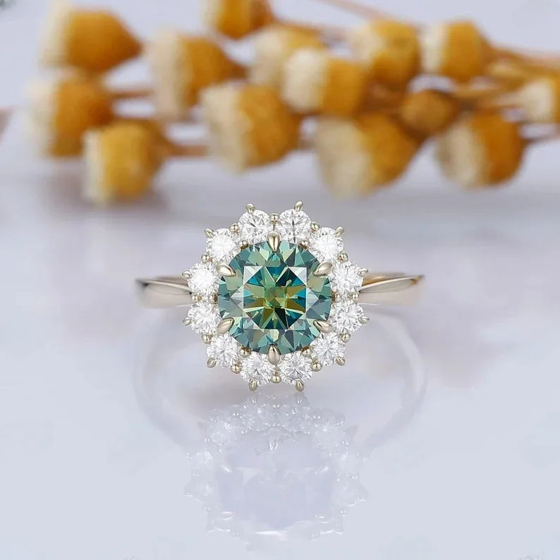 2CT D Color VVS1 18k Gold Round Cut Floral Halo Pigeon Wedding Blue Green Moissanite Engagement Rings for Women