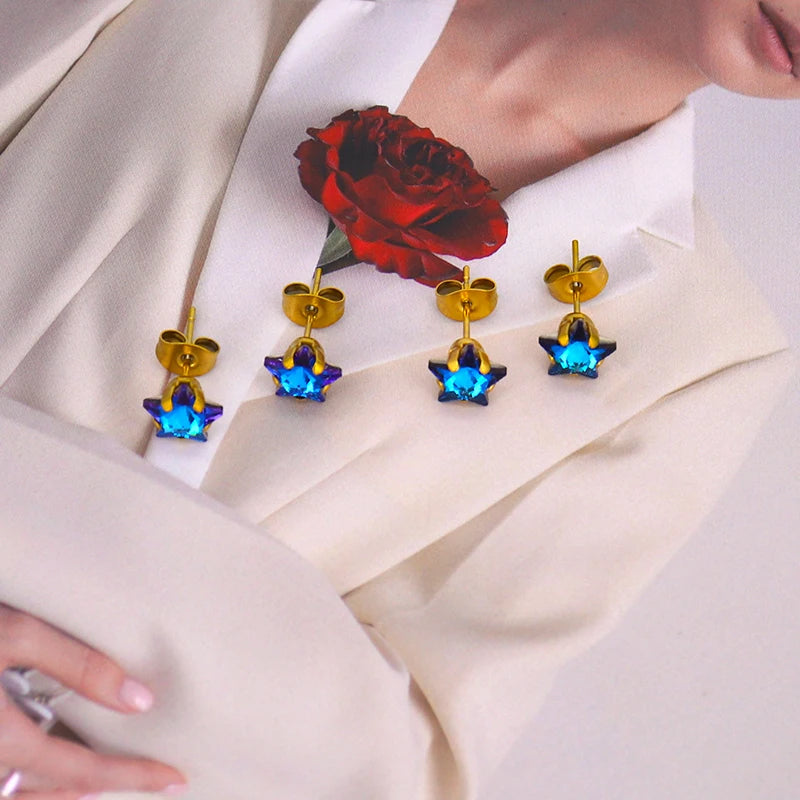 Waterproof Stainless Steel Earring Women 316L Stainless Steel Blue Star Cubic Zircon Stud Earring Star Zircon Earring for Kids