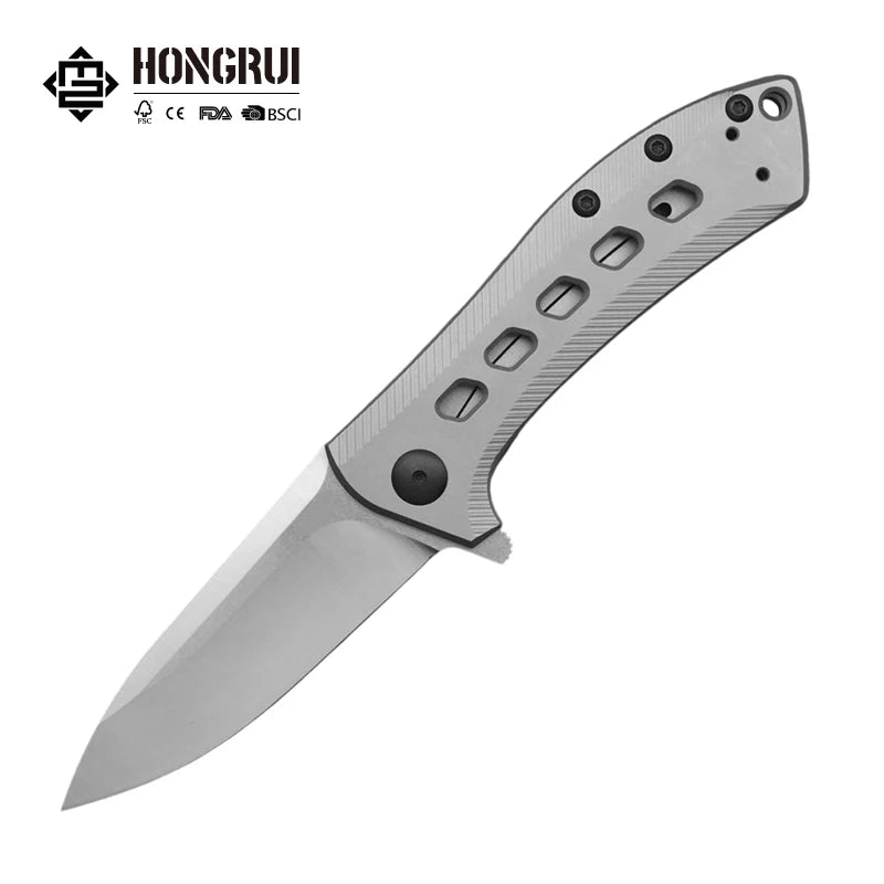 Hongrui 2026 New Design CNC D2 Steel Outdoor Folding Knife Survival Pocket Hunting Knife Titanium Alloy Handle for Camping