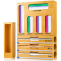 Wholesale Bamboo Rectangle Classic 9 in 1 Wrap Ziplock Bag Holder Storage Organizer Plastic Dispenser Zipper Kitchen Drawer