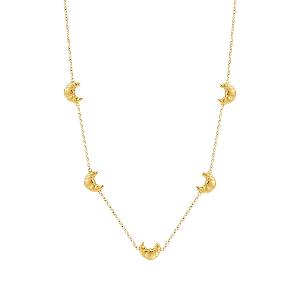 18K Gold Plated Stainless Steel Thin Chain Croissant Bread Charm Necklace Bracelet Waterproof Woman Jewelry Set Earrings E251697