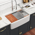 US Stock Free Shipping Kitchen Sink with Slide Ledge Curved Apron Front White Fireclay 33" White Farmhouse Sink Workstation