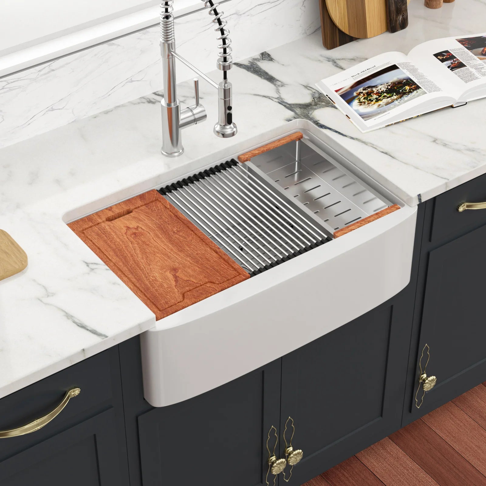 US Stock Free Shipping Kitchen Sink with Slide Ledge Curved Apron Front White Fireclay 33" White Farmhouse Sink Workstation