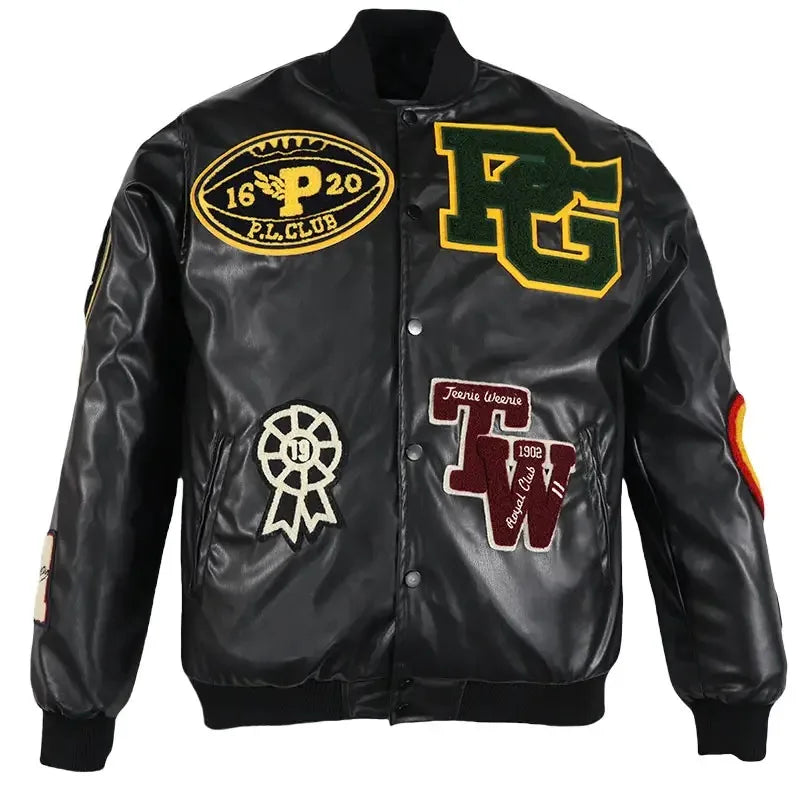 Classic Letterman Varsity Jacket for Men with Leather Sleeves and Chenille Embroidery Baseball Style Outerwear