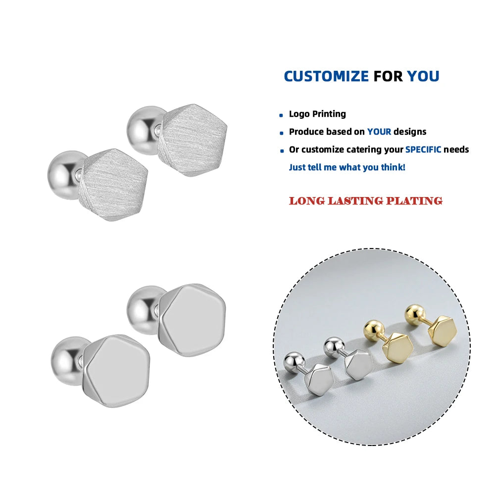 LE161 Minimalist 925 Sterling Silver Large Glossy Hexagonal Designer Fashion Fine Jewelry Gold Plated Screw Back Earrings Women