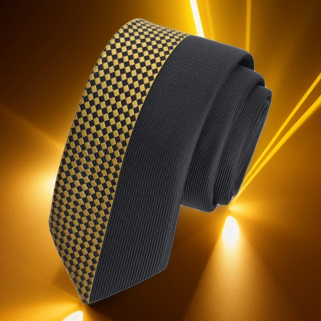 Gold and Black Half Checkerboard Patterned Custom Panel Cut Slim Fashion Tie