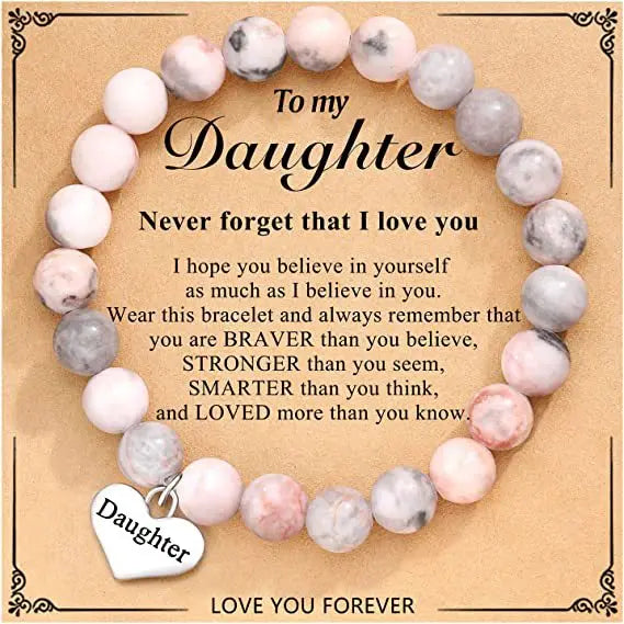 Dainty Natural Stone Bracelet Mothers Day Gift for Mom Pink Zebra Stone Heart Pendant Card Bracelet Friendship Jewelry
