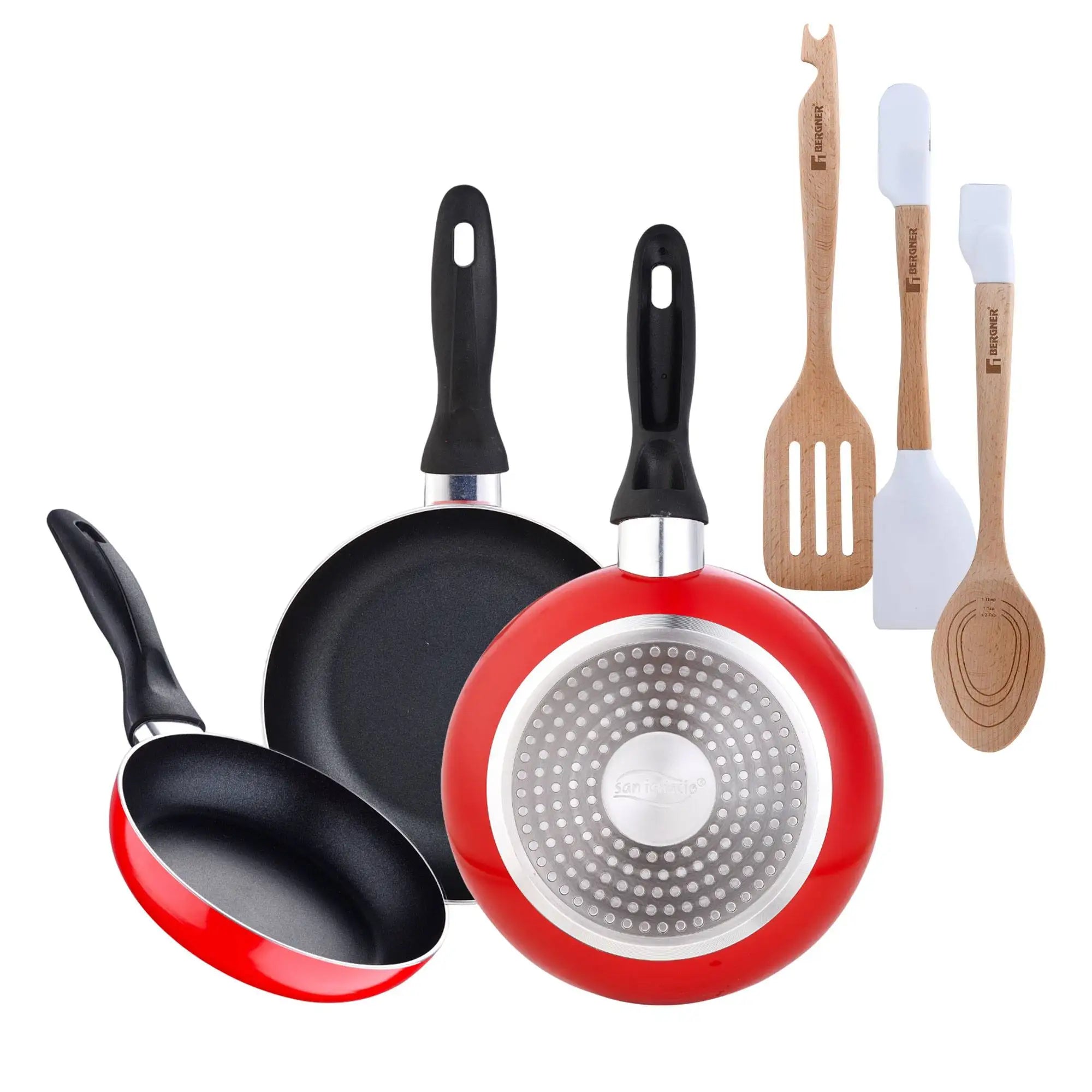 San Ignacio 3-piece frying pan set 16/20/24 cm + 3-piece silicone and wooden kitchen utensil set