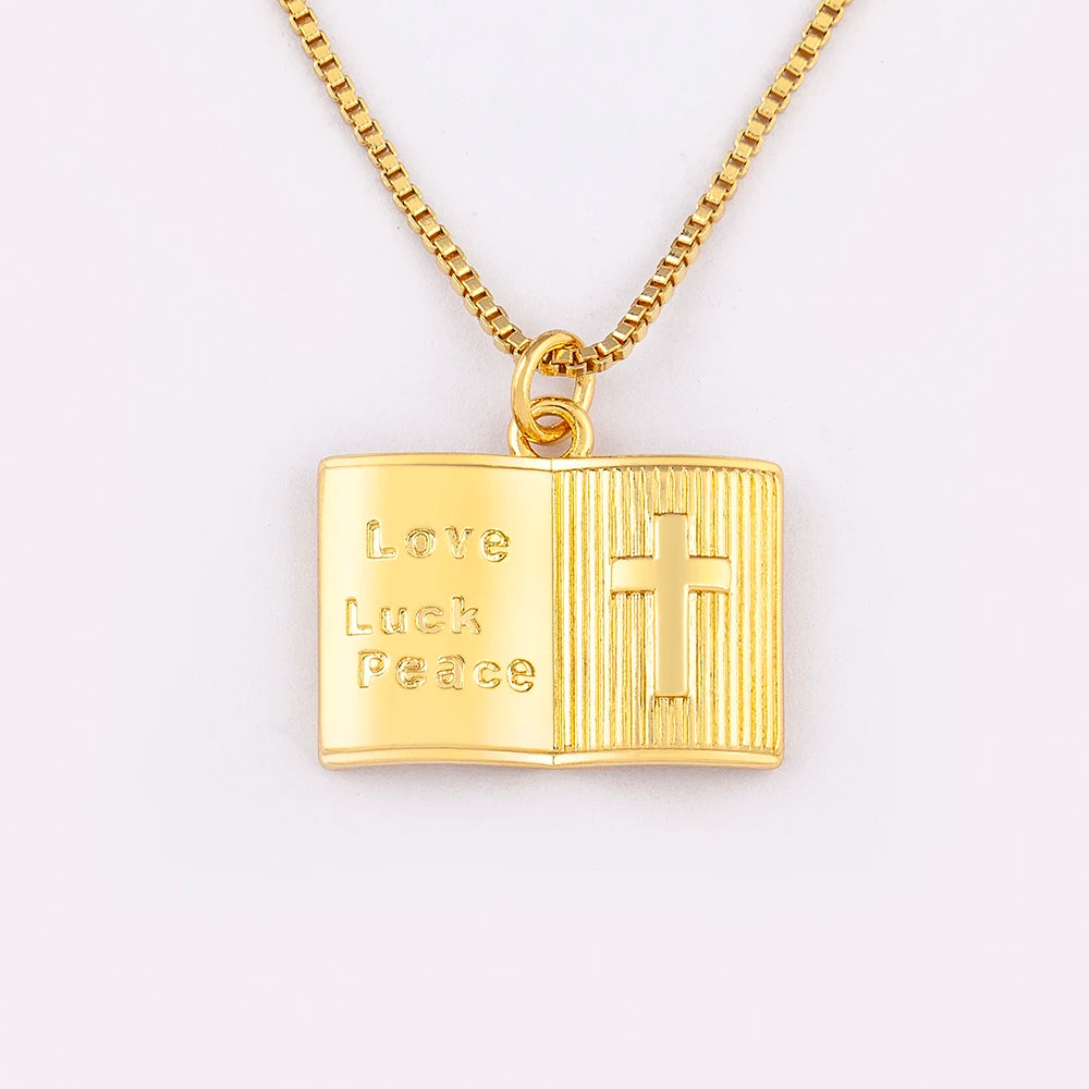 QIKU Book Shape Cross Pattern Love Luck Peace Letter Pendant Copper Zircon Trendy 18K Gold Plated Women Necklace Jewelry Gift