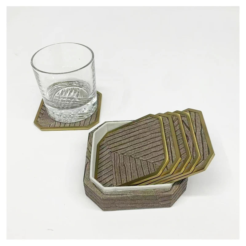 OEM Wholesale Factory Hot Sale Custom Wedding Metal Leather Coaster Set Drinks Cup Holders with Leather Box for Mat & Pads