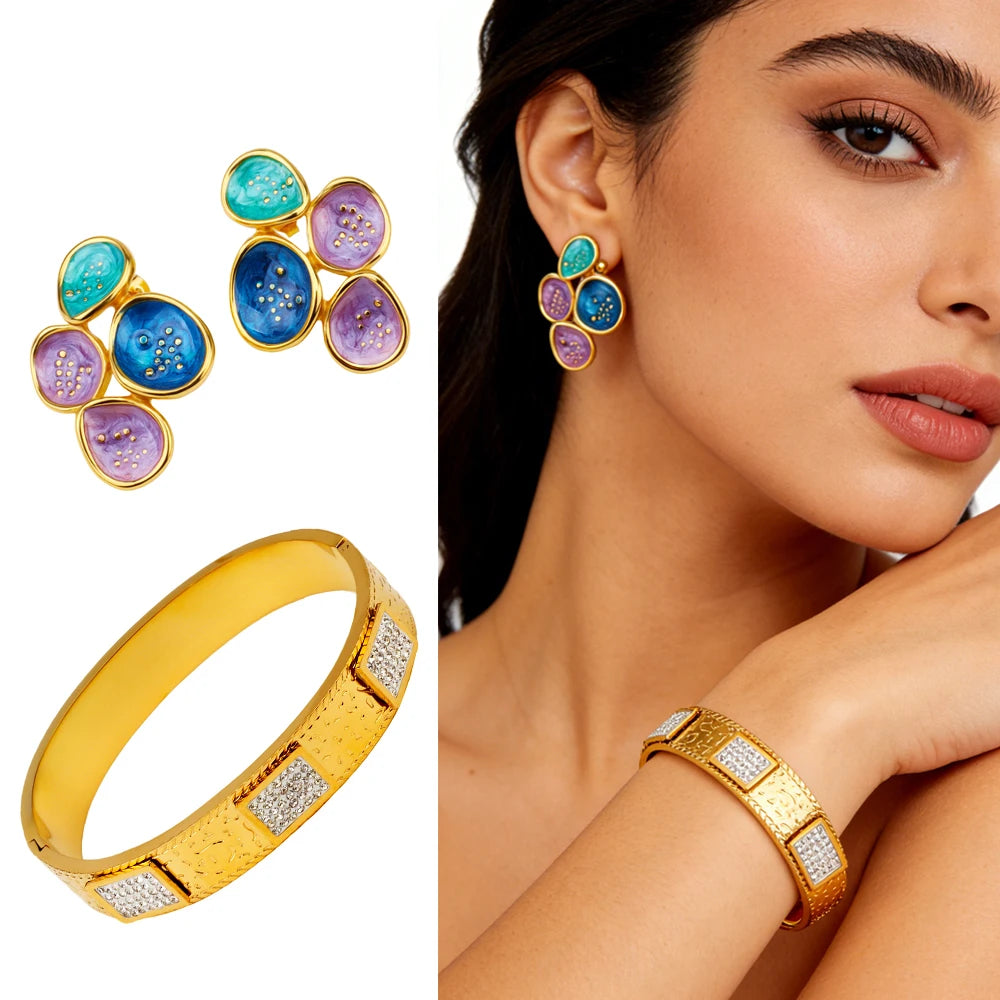 High-Quality 18K Gold-Plated Women's Jewelry Set Bohemian Style Bracelet with Diamond Colorful Enamel Earrings