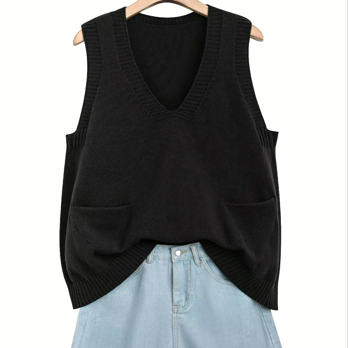 Custom Winter Casual Cotton Sweater Vest Front Long Sundress Knitted V-neck Medium Long Skirt Double Pockets Women