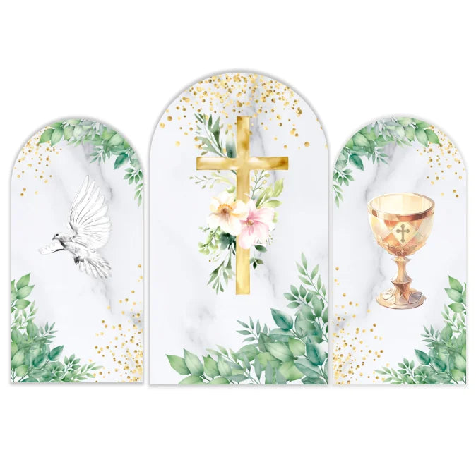 Baptism Arch Backdrop Cover Religious First Communion Gold Cross Ballooned Boog Photo Booth Backdrop God Bless Baby Shower Party