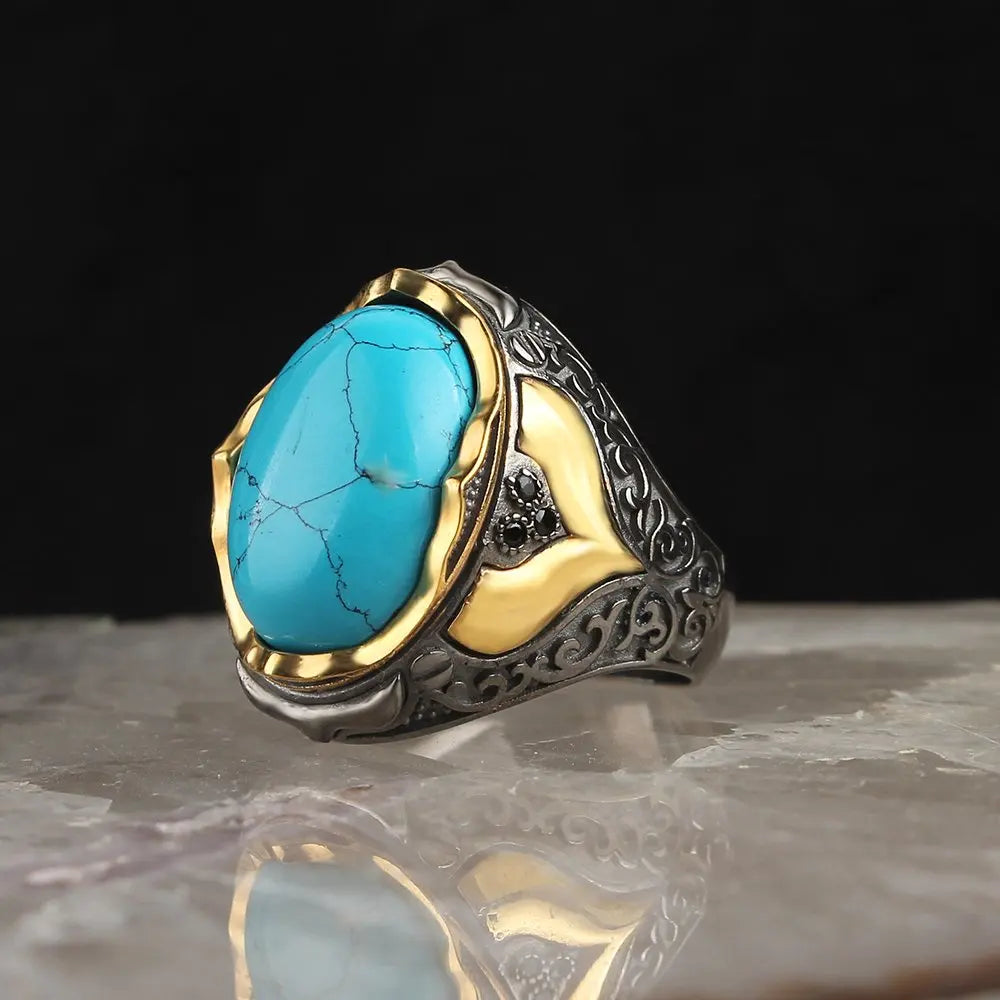 Turkish Style Vintage 925 Sterling Made Ottoman Style Men's Ring Rhodium and Gold Bi-color Plating Model RCEGYT-416