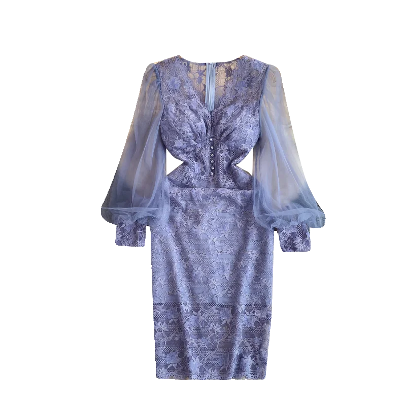 2024 Vintage Hip Midi Dress for Women Puff Sleeve Empire Patchwork Mesh Dress Purple