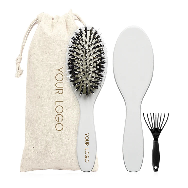 New Product Custom Packaging White Coated Boar Bristle Nylon Wooden Handle Paddle Wig Hair Extension Brush