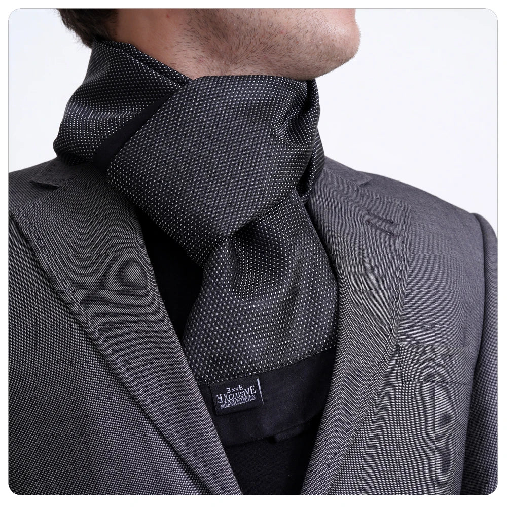Exve Exclusive Elegant Double-Sided Black Scarf with Silver Geometric Micro Pattern Jacquard Woven Made Polyester Stylish Ties