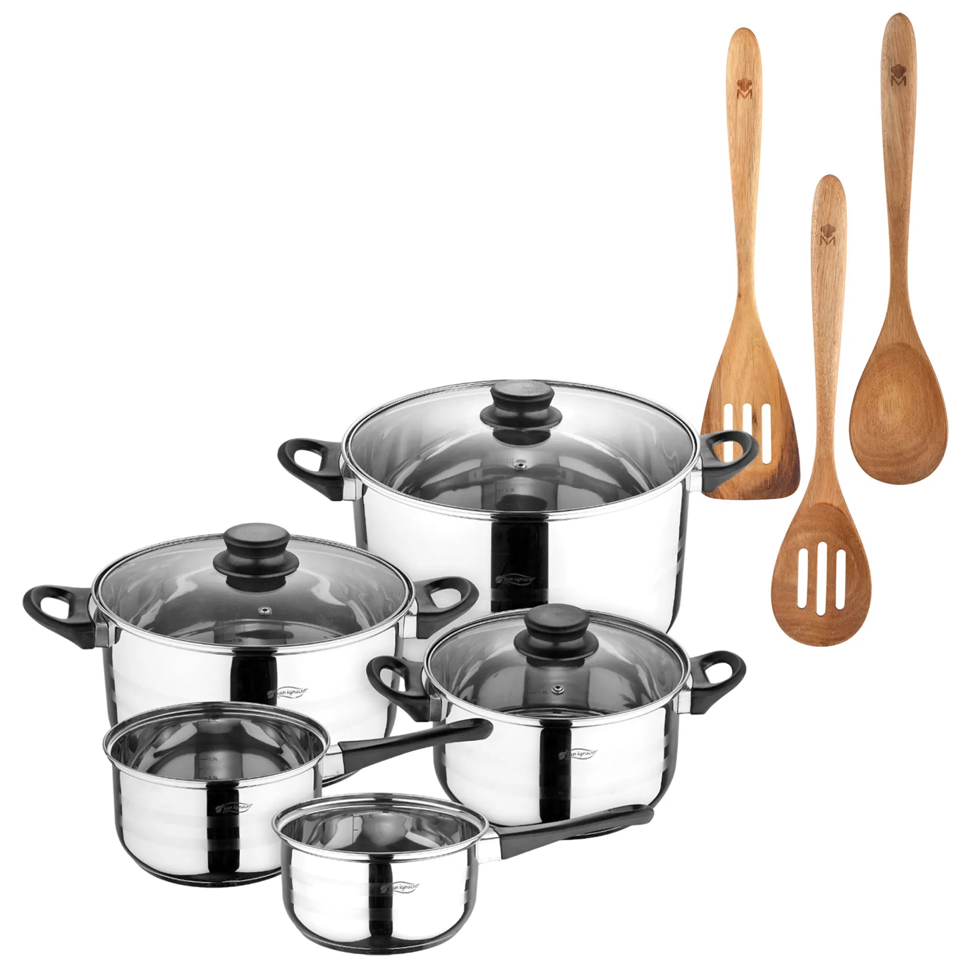 San Ignacio Eight-Piece Cookware Set + 3-Piece Acacia Kitchen Utensil Set SMART MasterPRO
