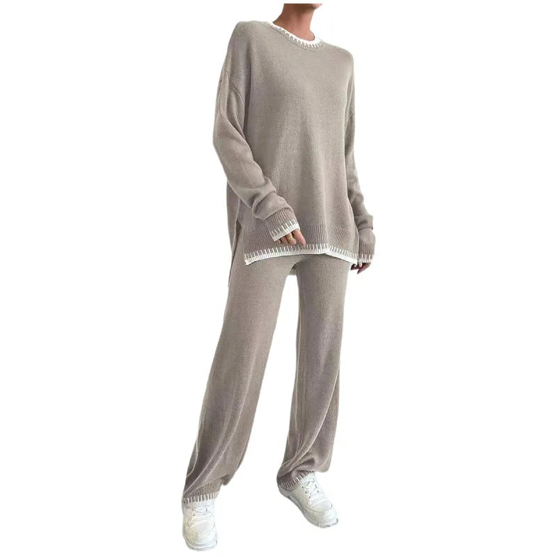 Spring Casual Knit Set Color Blocking Knit Sweater and Pants Two Piece Set Knitted Two-pieces Set for Women